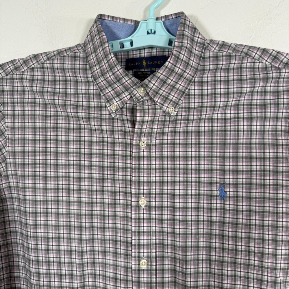 Ralph Lauren Shirt Mens Large Gray Pink‎ Cotton Stretch Button Down Long Sleeve
